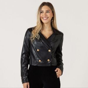 Bloom Girl Cropped Black Faux Leather Jacket V-neck S